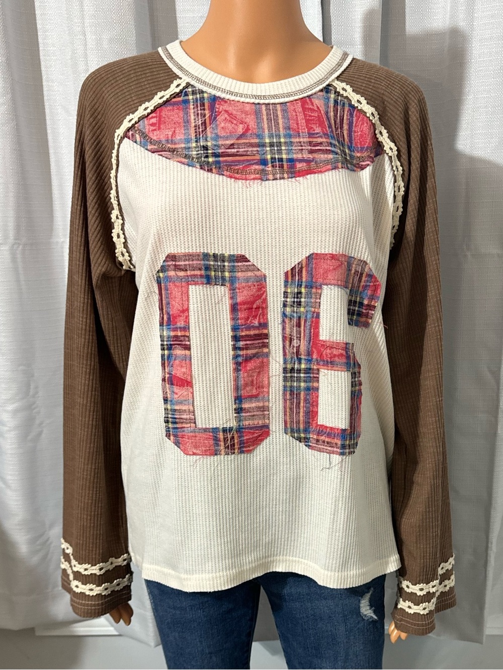 Cool POL size S cream brown waffle knit plaid long sleeve embroidered shirt new
